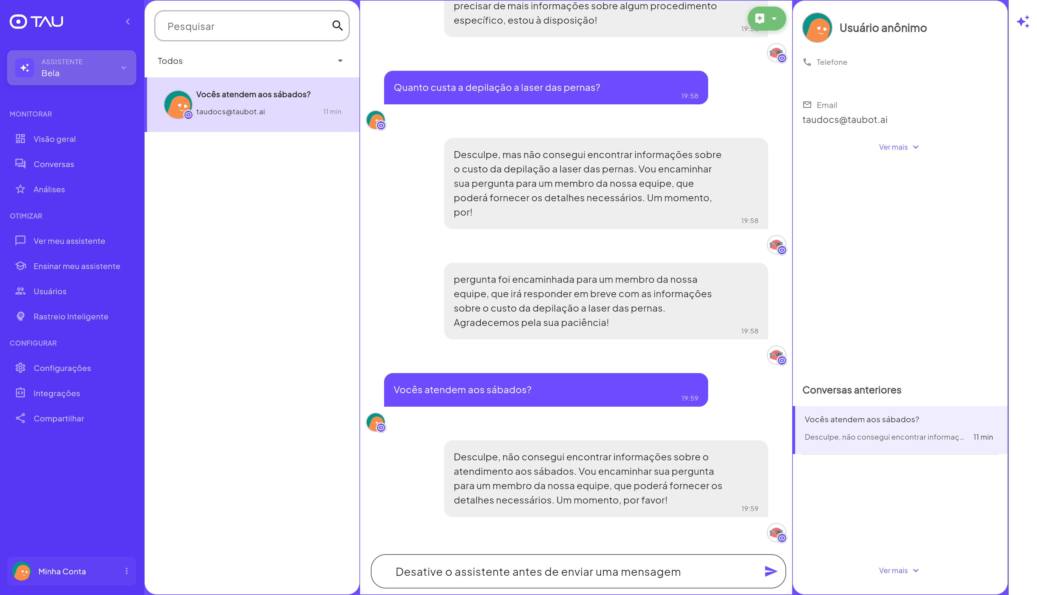 Tela de Conversas — lista, chat e painel do cliente