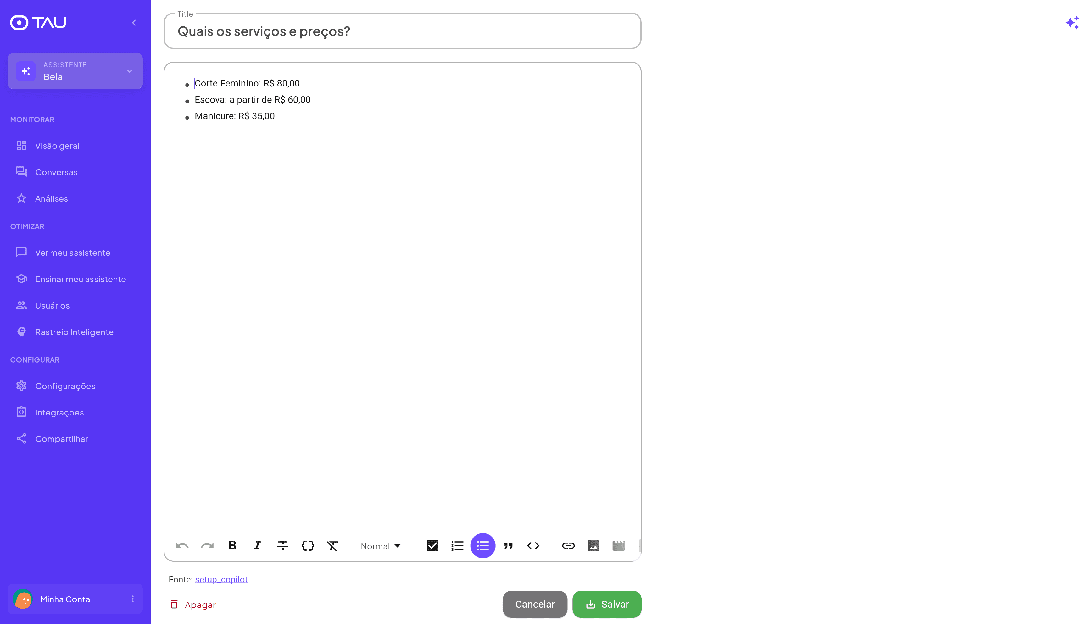 Editor de documento da base de conhecimento